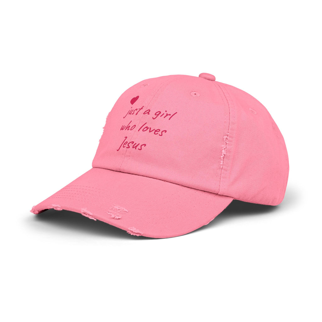 JUST A GIRL WHO LOVES JESUS Unisex Distressed Cap