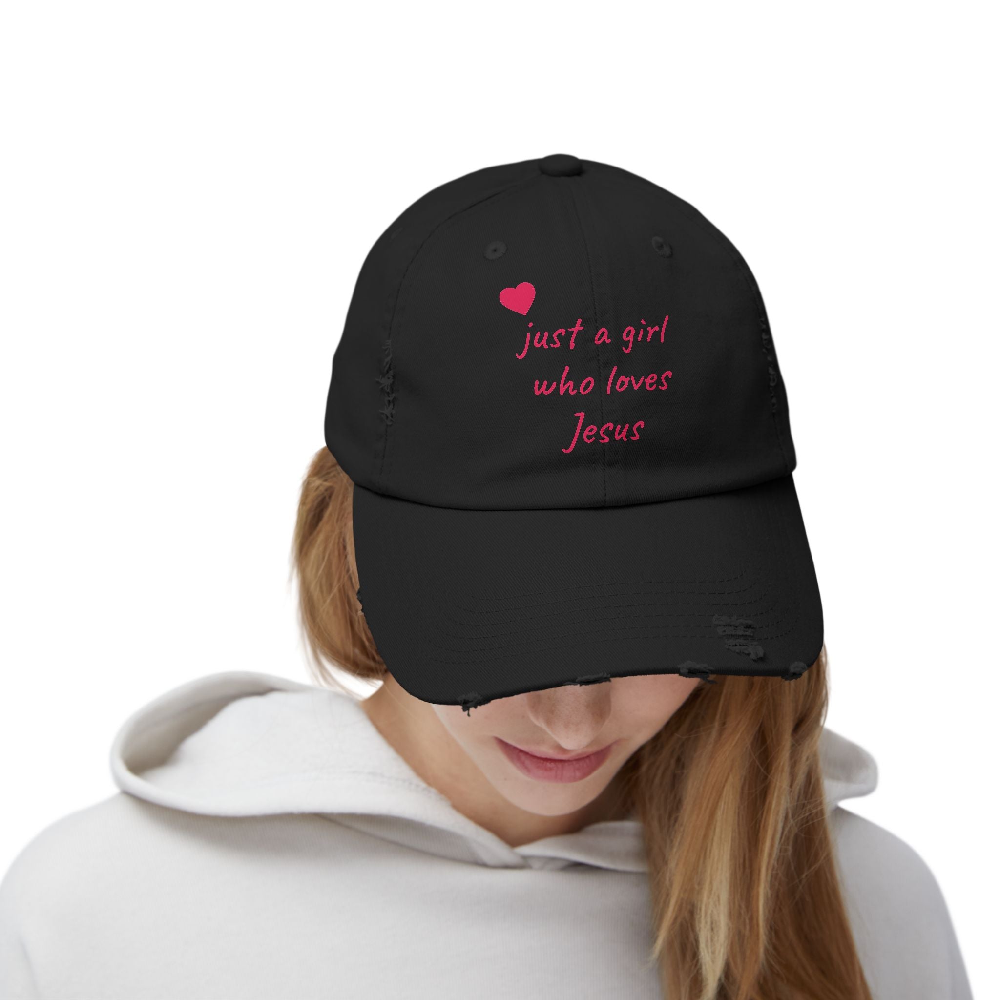 JUST A GIRL WHO LOVES JESUS Unisex Distressed Cap