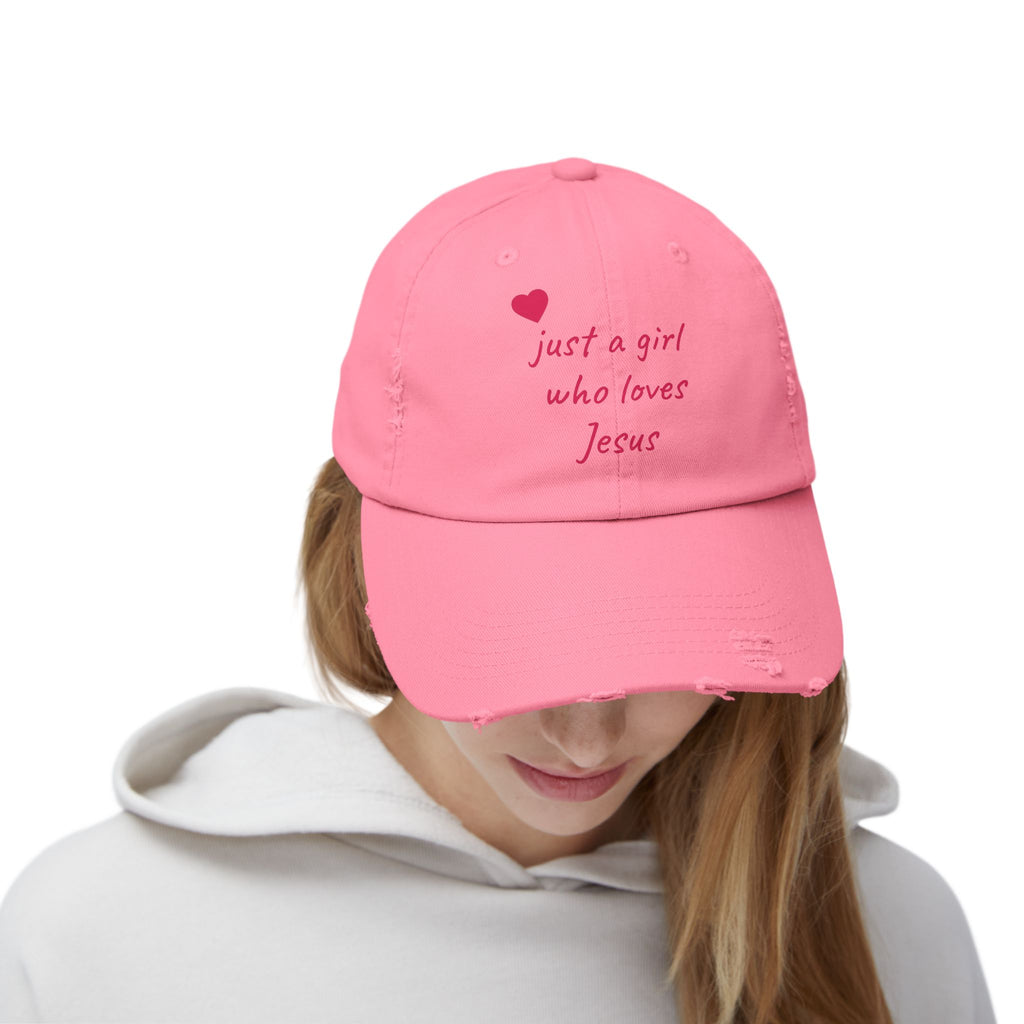 JUST A GIRL WHO LOVES JESUS Unisex Distressed Cap