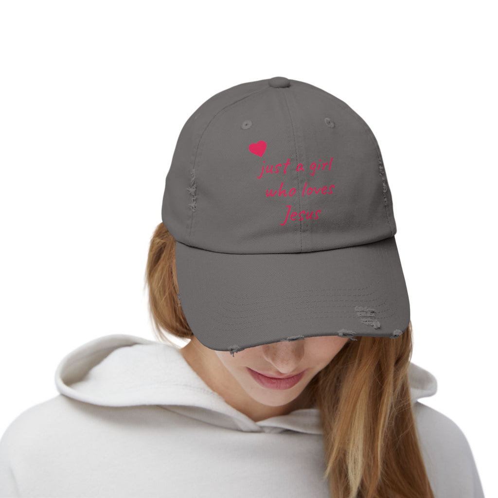 JUST A GIRL WHO LOVES JESUS Unisex Distressed Cap