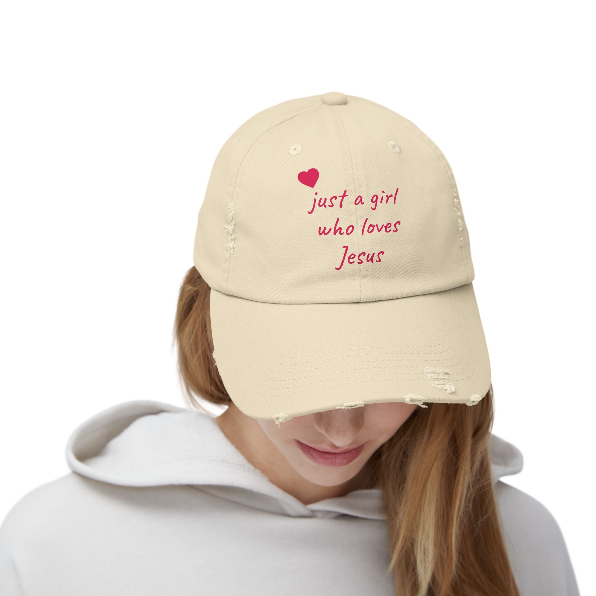JUST A GIRL WHO LOVES JESUS Unisex Distressed Cap