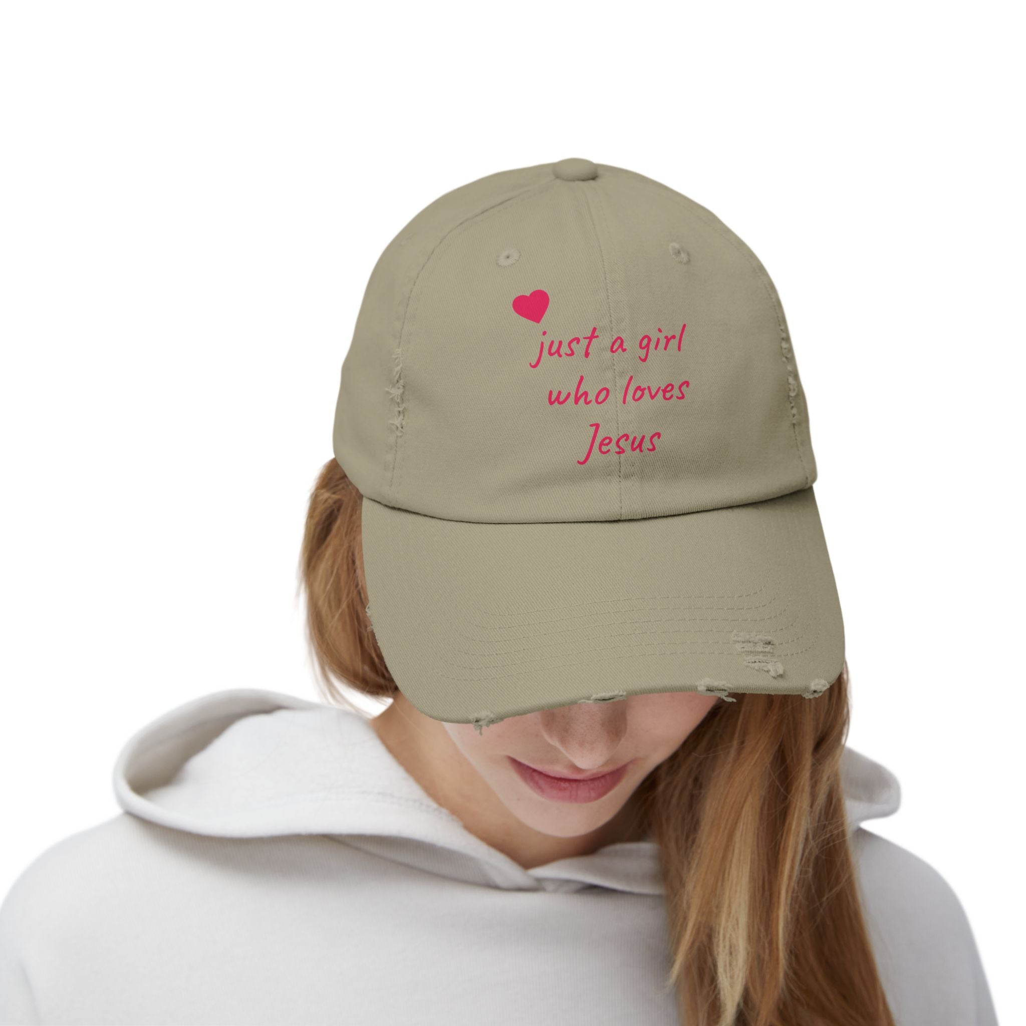 JUST A GIRL WHO LOVES JESUS Unisex Distressed Cap