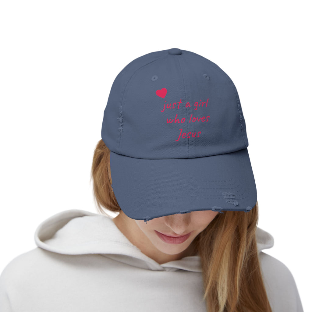 JUST A GIRL WHO LOVES JESUS Unisex Distressed Cap