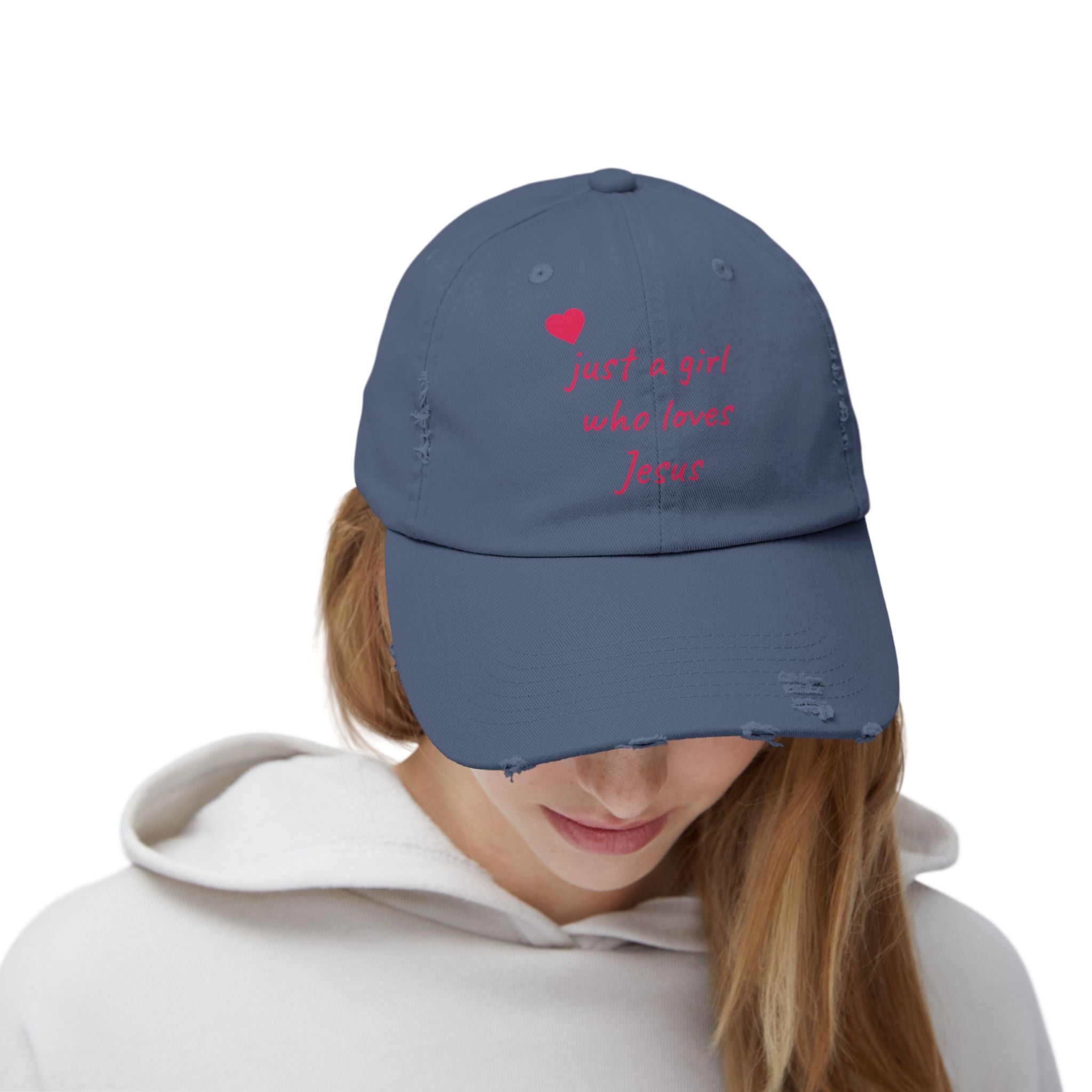 JUST A GIRL WHO LOVES JESUS Unisex Distressed Cap